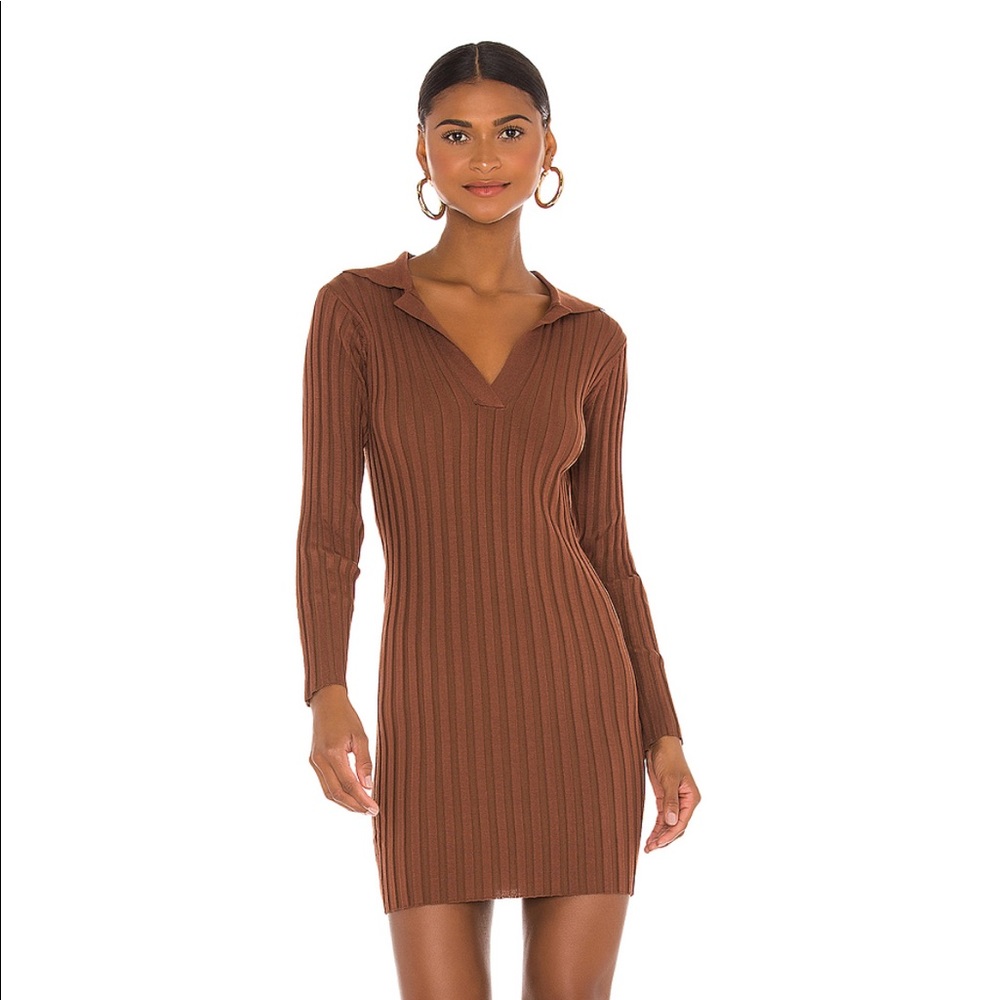 Tularosa Revolve Brown Ribbed Mini Dress w collar